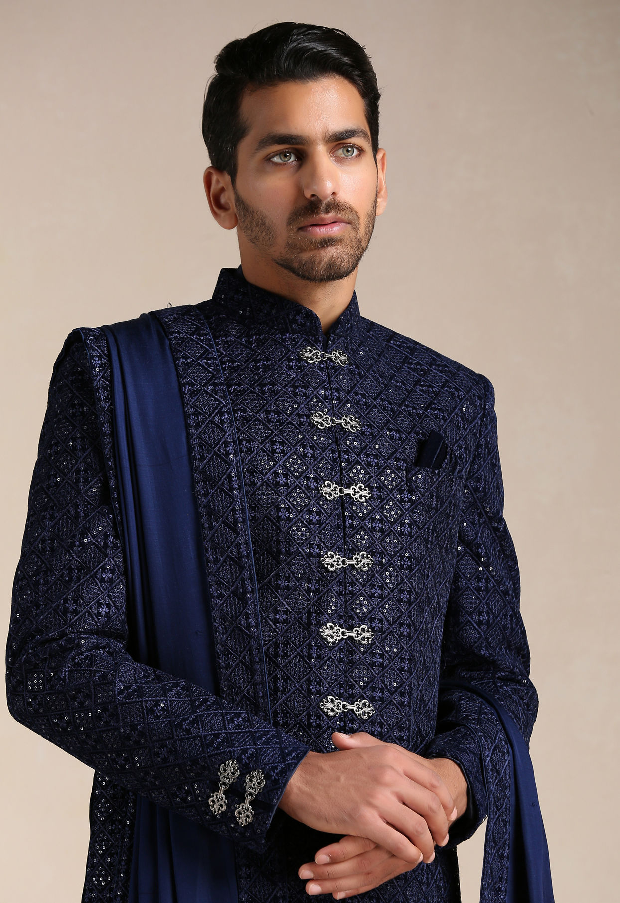 alt message - Manyavar Men Royal Blue Sequined Sherwani Set image number 0