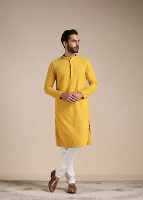 alt message - Manyavar Men Aspen Gold Yellow Chikankari Kurta Set image number 0