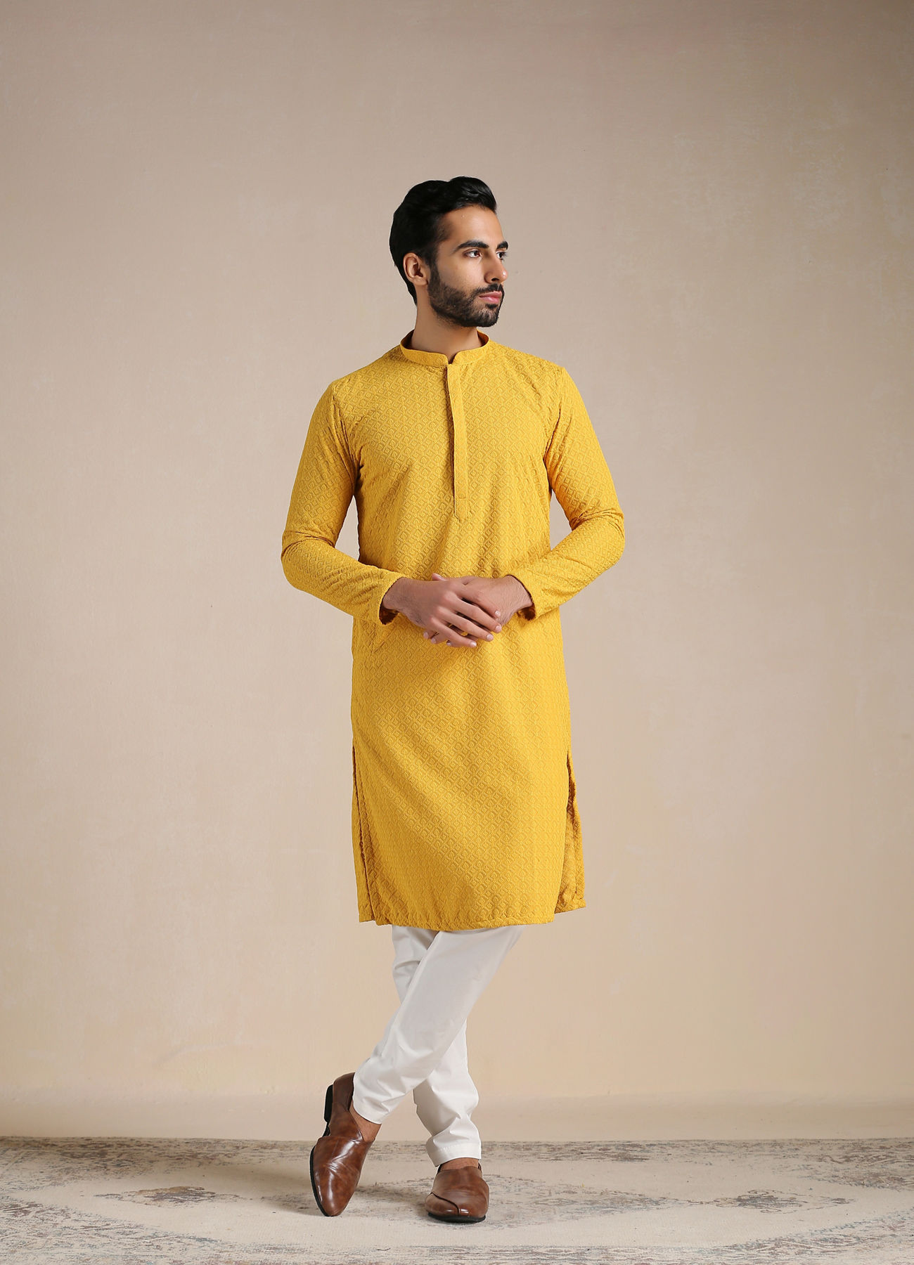 Manyavar Men Aspen Gold Yellow Chikankari Kurta Set