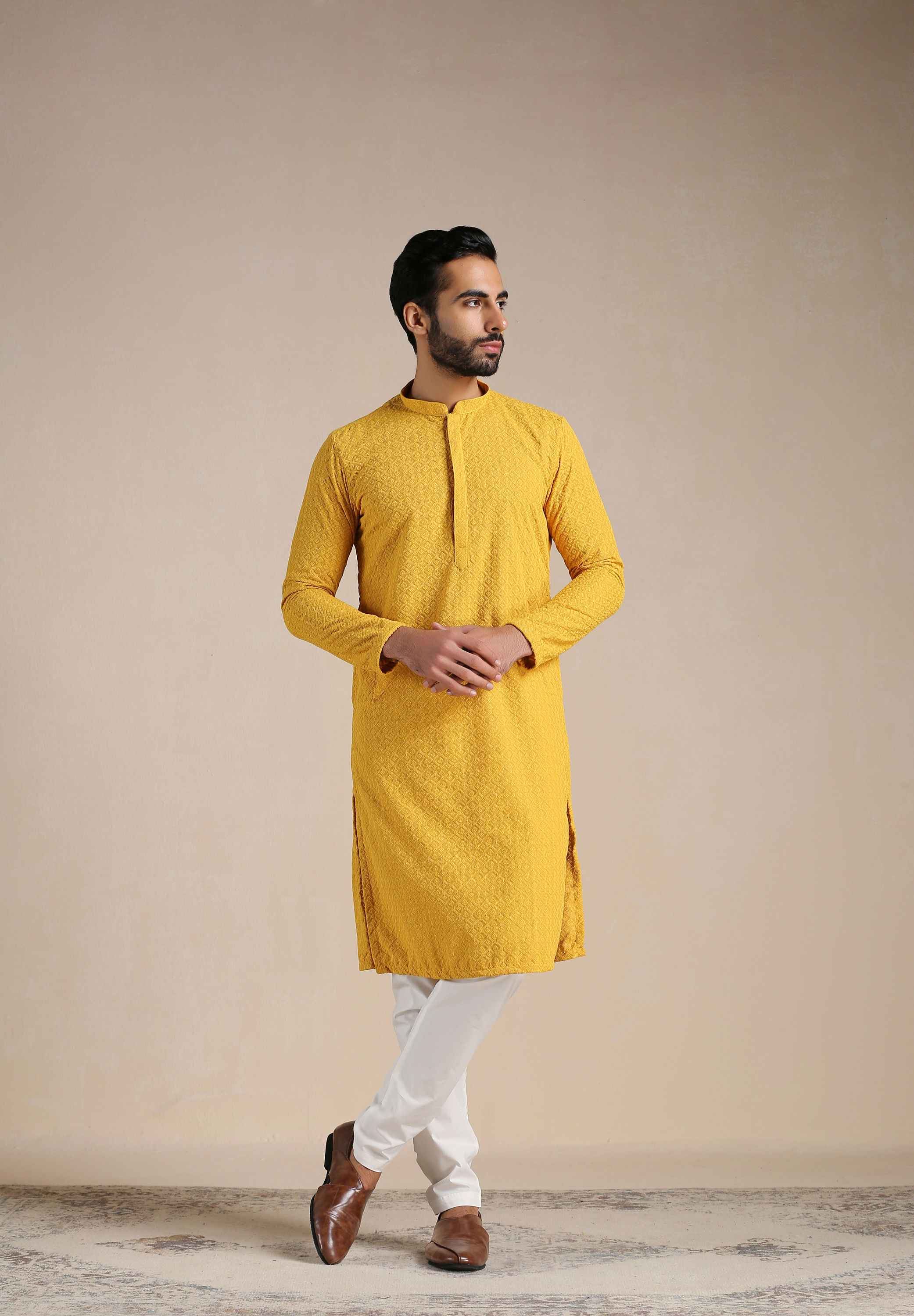 Manyavar Men Aspen Gold Yellow Chikankari Kurta Set