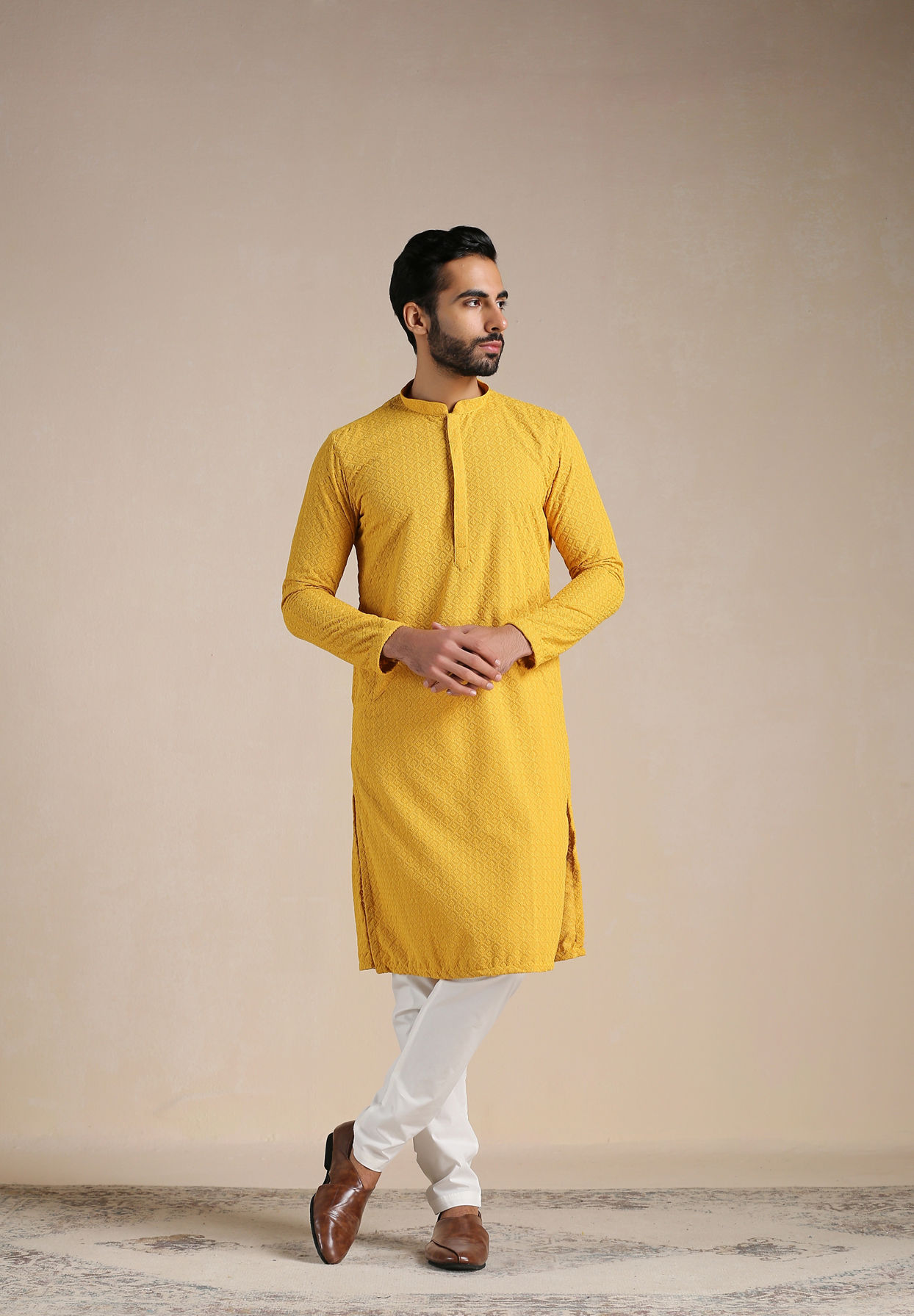 alt message - Manyavar Men Aspen Gold Yellow Chikankari Kurta Set image number 0