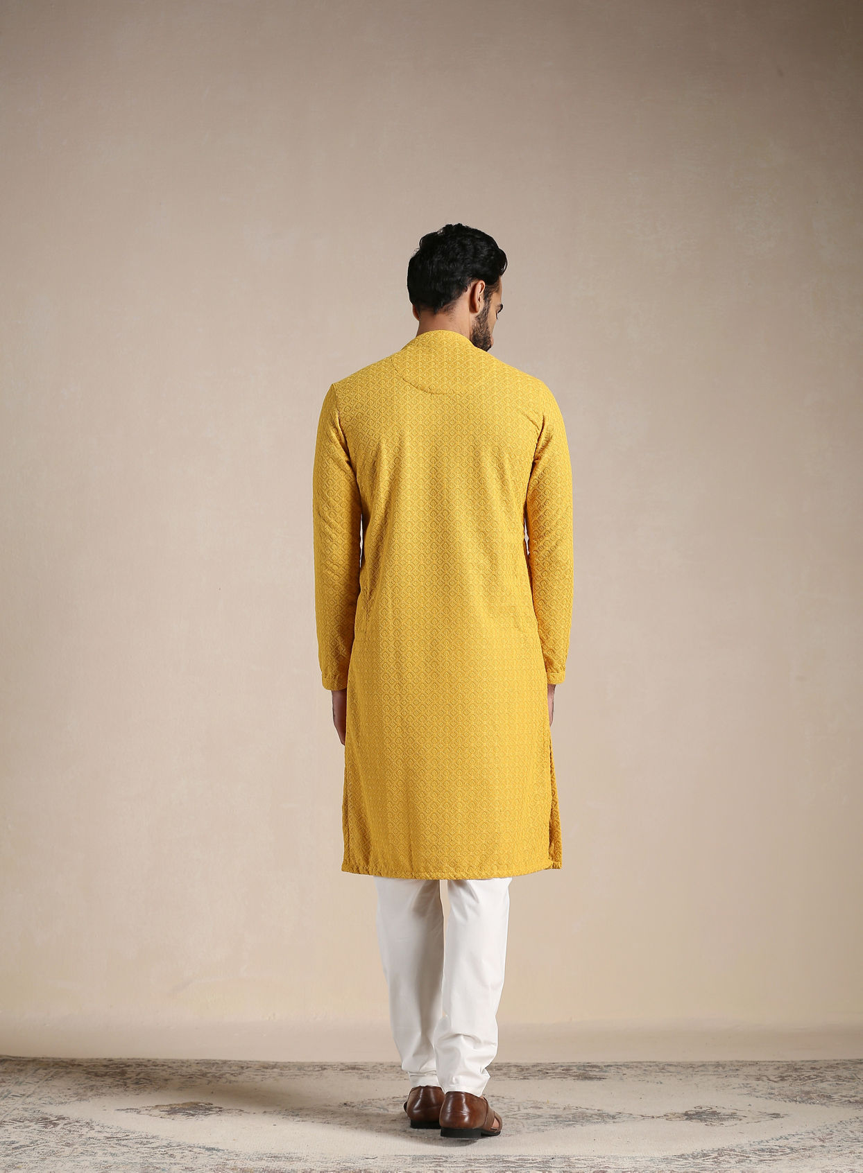 alt message - Manyavar Men Aspen Gold Yellow Chikankari Kurta Set image number 2