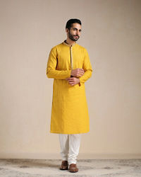 Manyavar Men Orange Pop Pintuck Striped Kurta Set