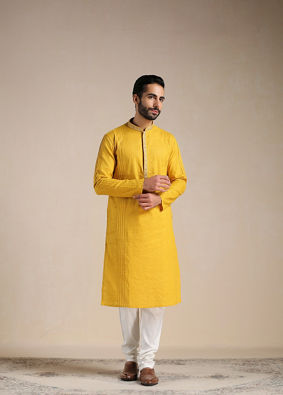 alt message - Manyavar Men Orange Pop Pintuck Striped Kurta Set image number 0