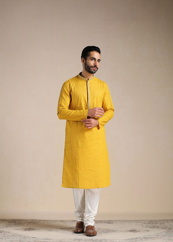 Manyavar Men Orange Pop Pintuck Striped Kurta Set