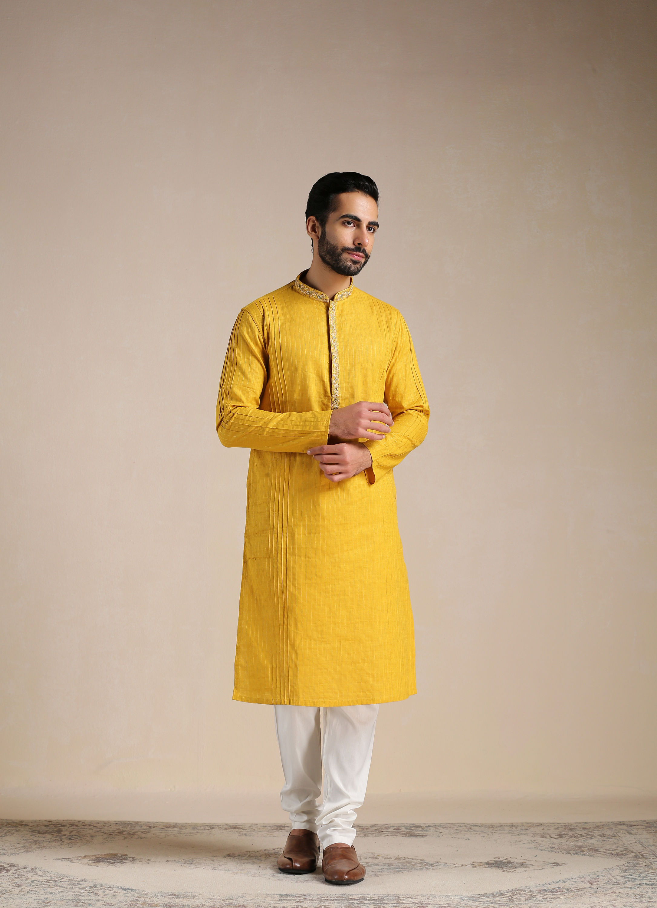 Manyavar Men Orange Pop Pintuck Striped Kurta Set