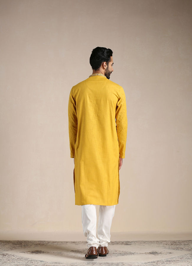 Manyavar Men Orange Pop Pintuck Striped Kurta Set