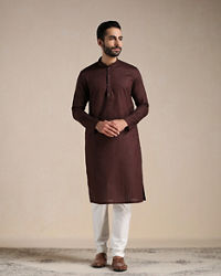 Manyavar Men Deep Mahogany Brown Embellished Buttoned Kurta Set