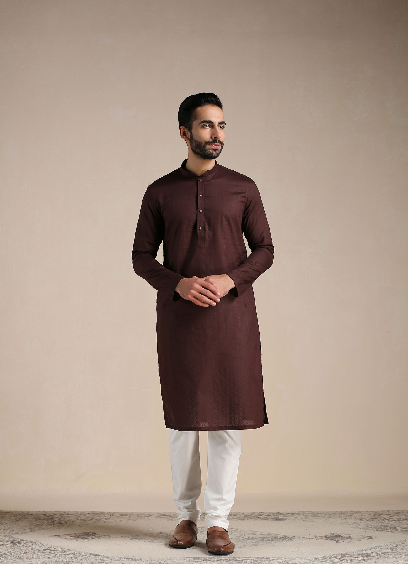 Manyavar Men Deep Mahogany Brown Embellished Buttoned Kurta Set