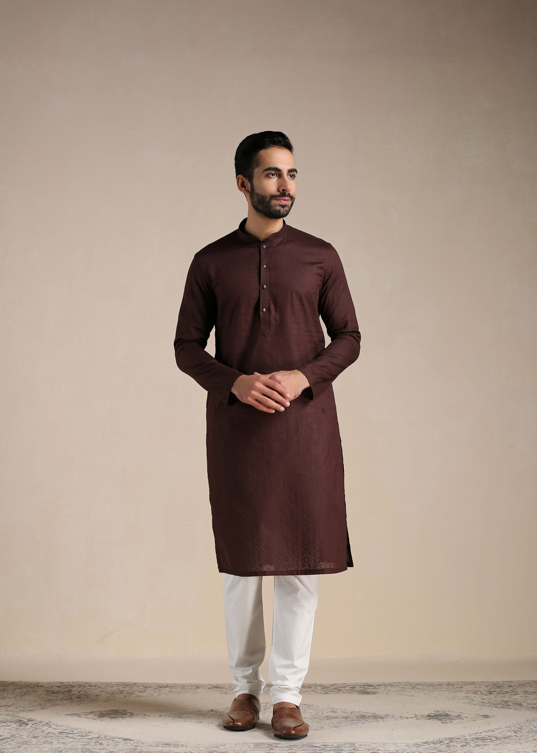 Manyavar Men Deep Mahogany Brown Embellished Buttoned Kurta Set