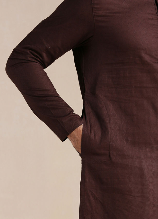 Manyavar Men Deep Mahogany Brown Embellished Buttoned Kurta Set