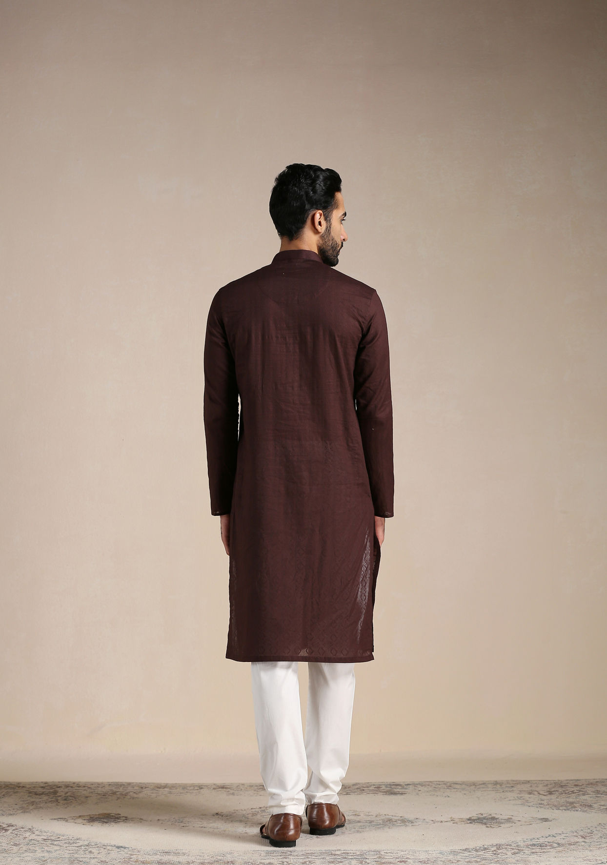 Manyavar Men Deep Mahogany Brown Embellished Buttoned Kurta Set