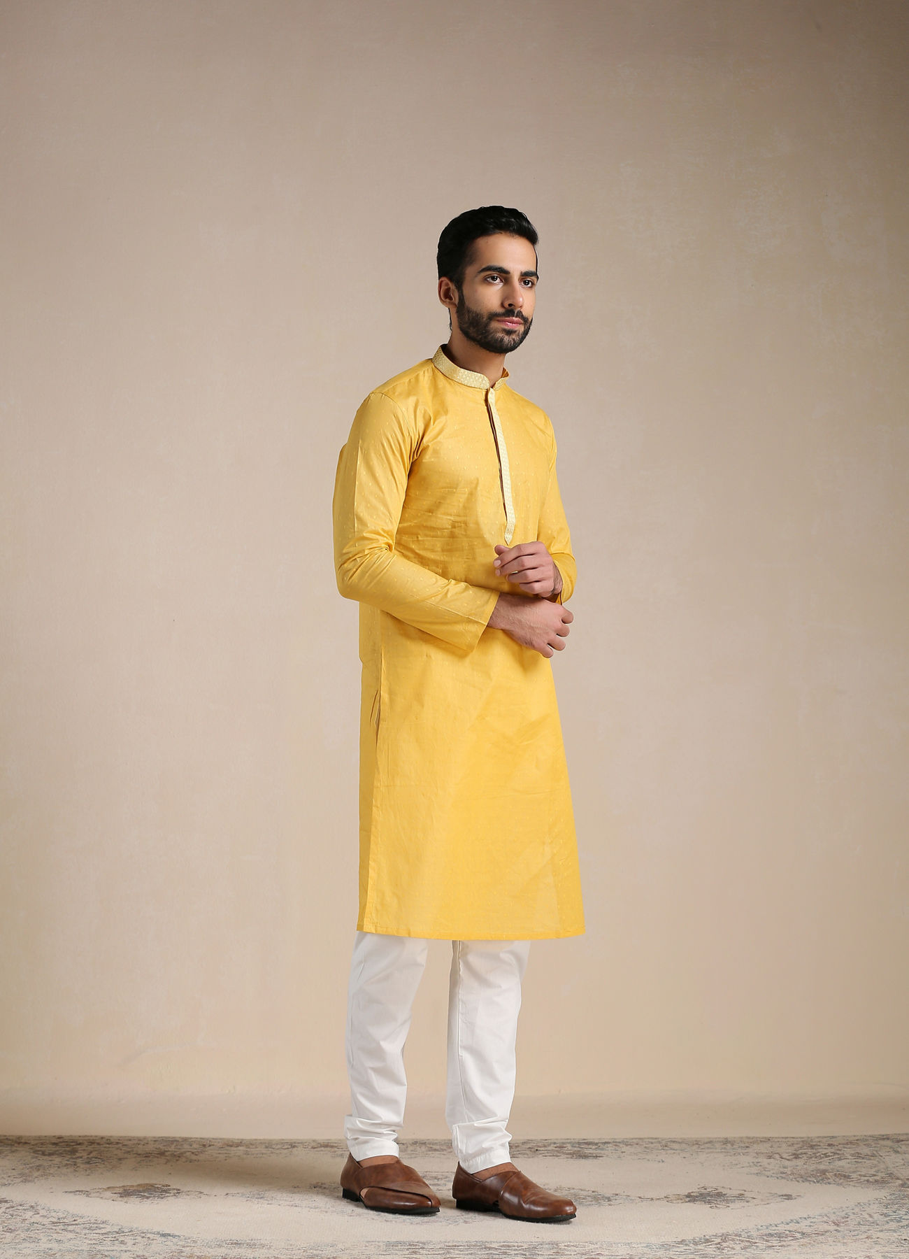 Manyavar Men Tuscan Yellow Placket Detailed Kurta Set