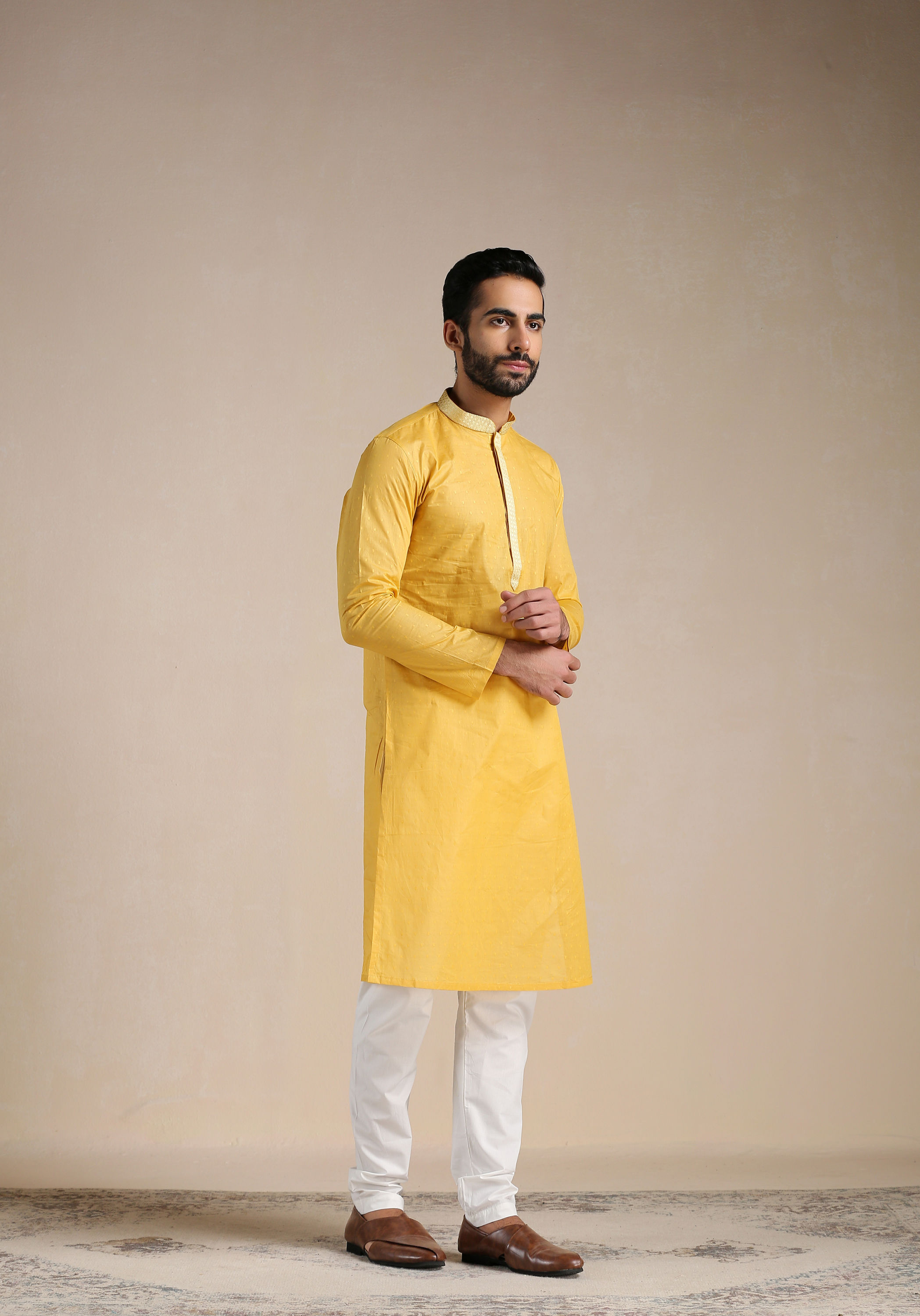 Manyavar Men Tuscan Yellow Placket Detailed Kurta Set