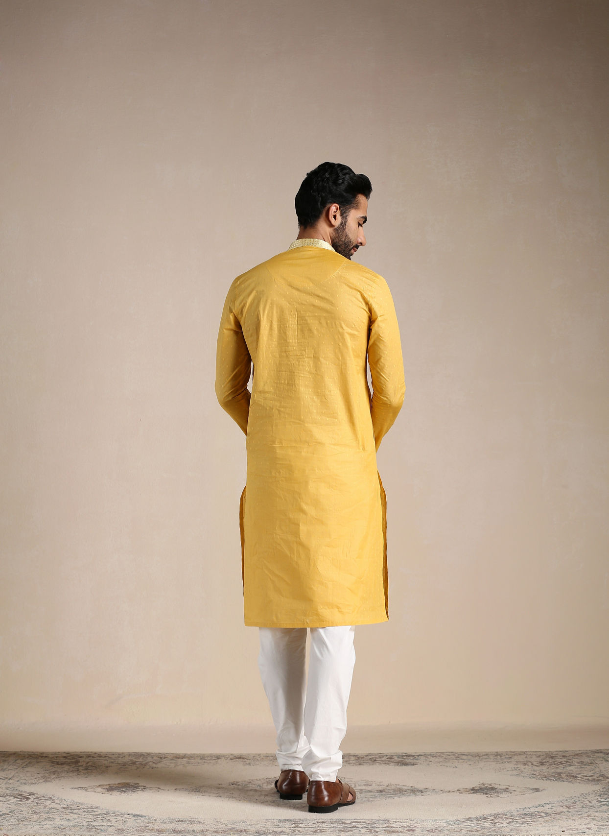 Manyavar Men Tuscan Yellow Placket Detailed Kurta Set