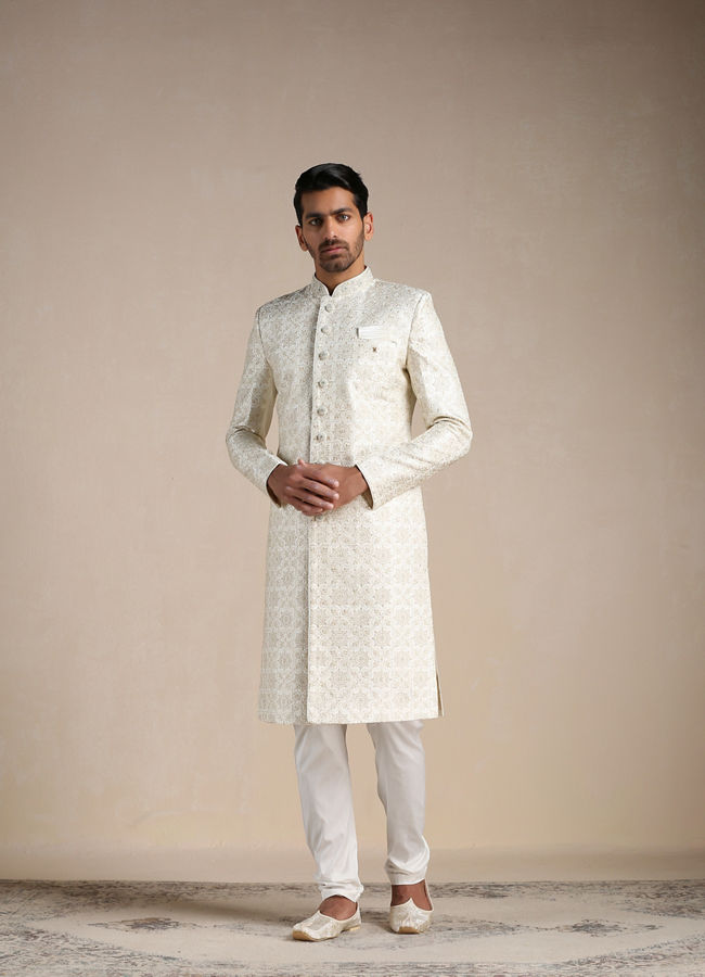Manyavar Men Soft cream Medallion Patterned Sherwani Set