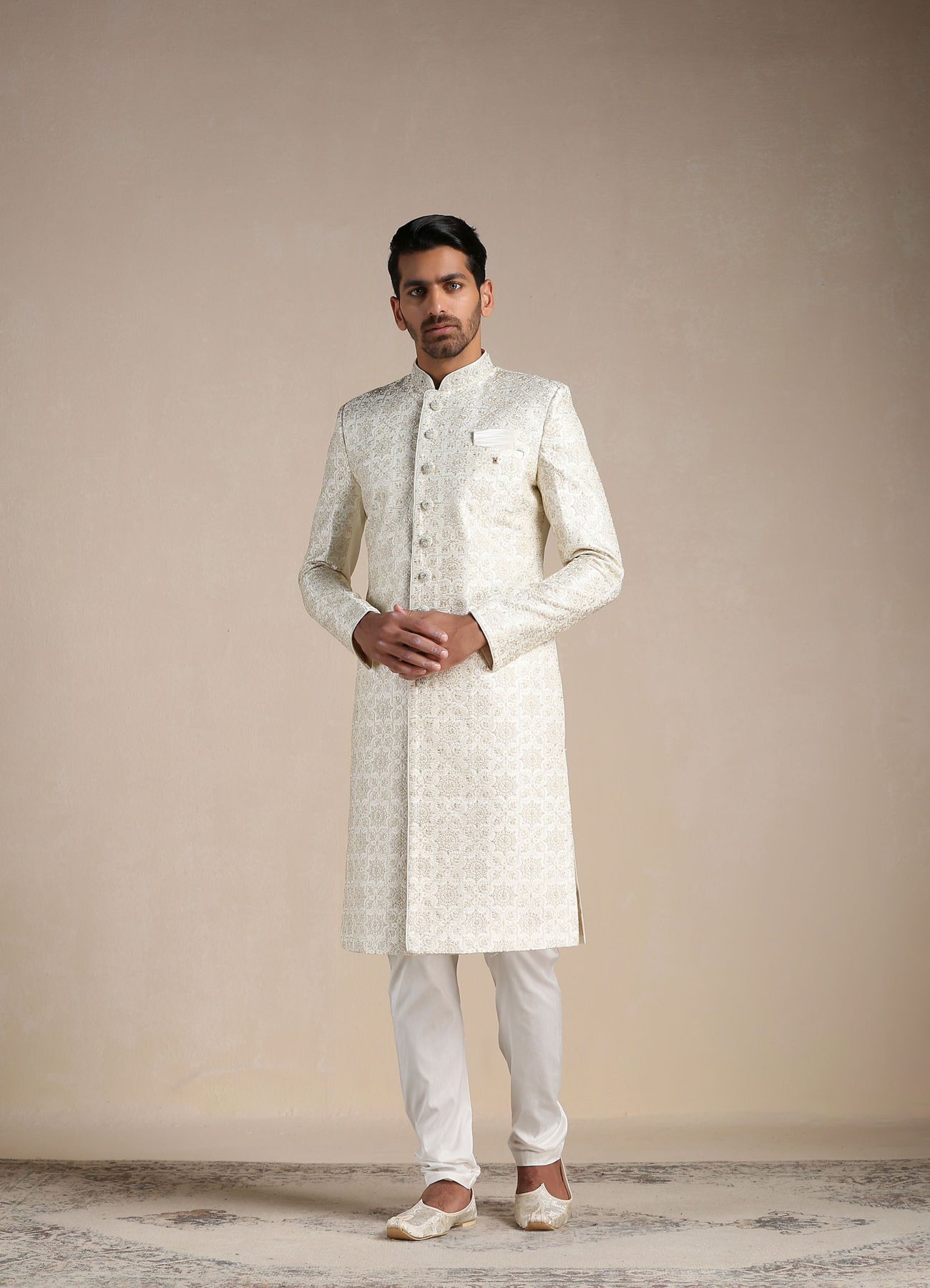 Manyavar Men Soft cream Medallion Patterned Sherwani Set