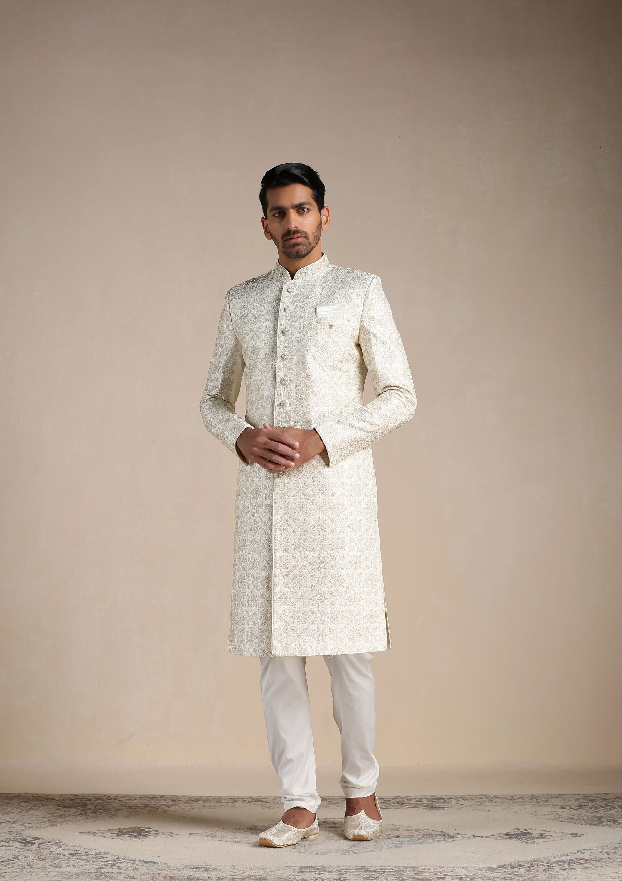Manyavar Men Soft cream Medallion Patterned Sherwani Set