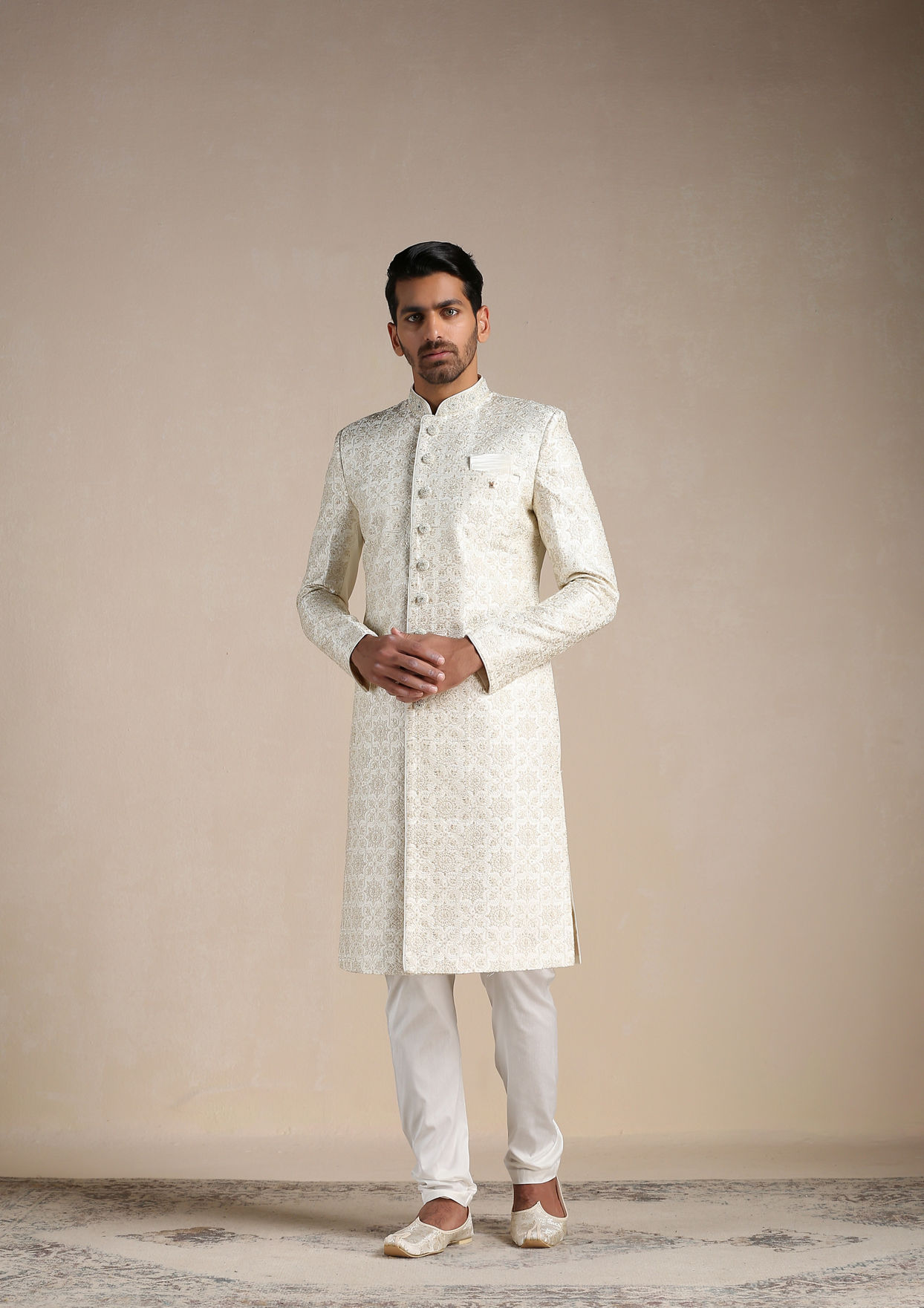 Manyavar Men Soft cream Medallion Patterned Sherwani Set