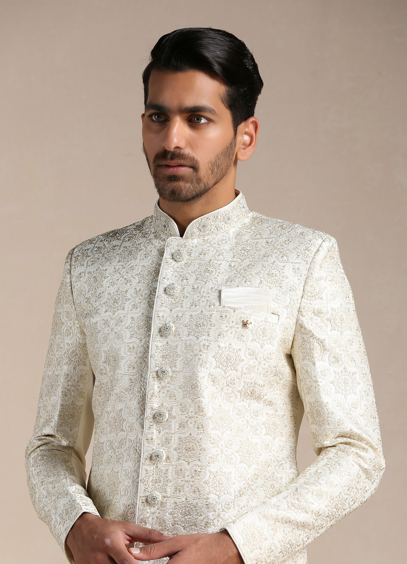 Manyavar Men Soft cream Medallion Patterned Sherwani Set