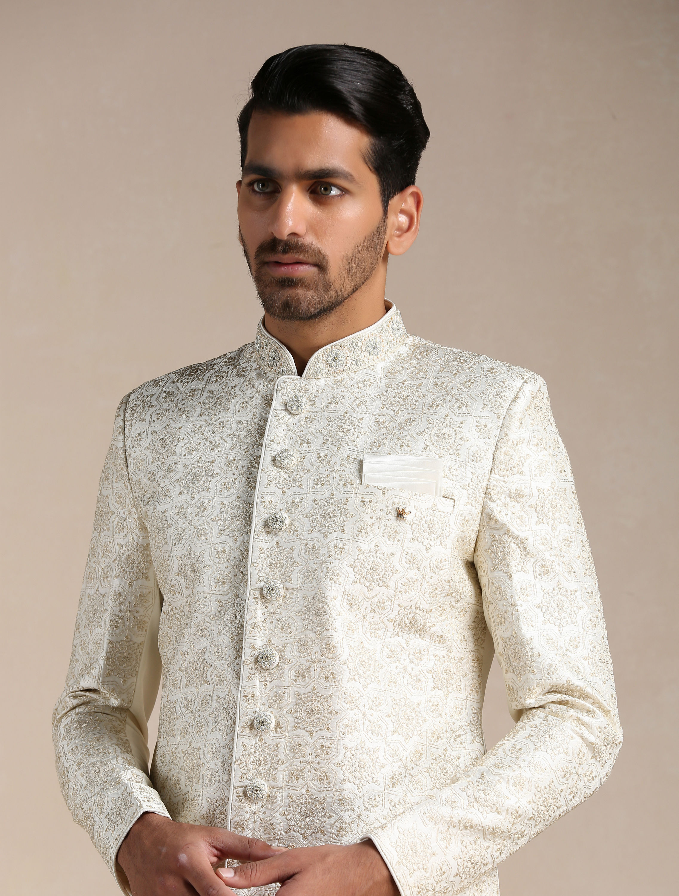 Manyavar Men Soft cream Medallion Patterned Sherwani Set