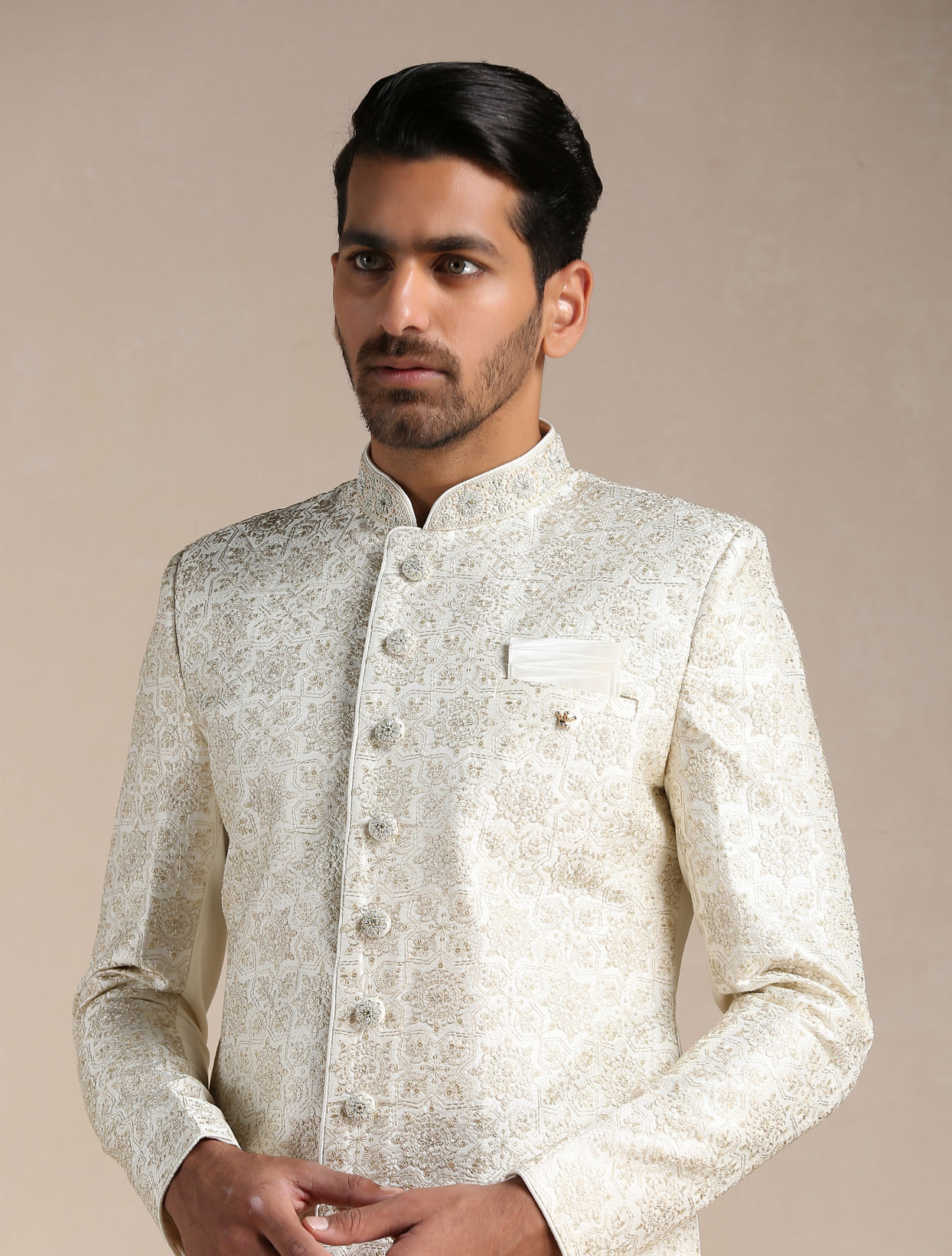 Manyavar Men Soft cream Medallion Patterned Sherwani Set