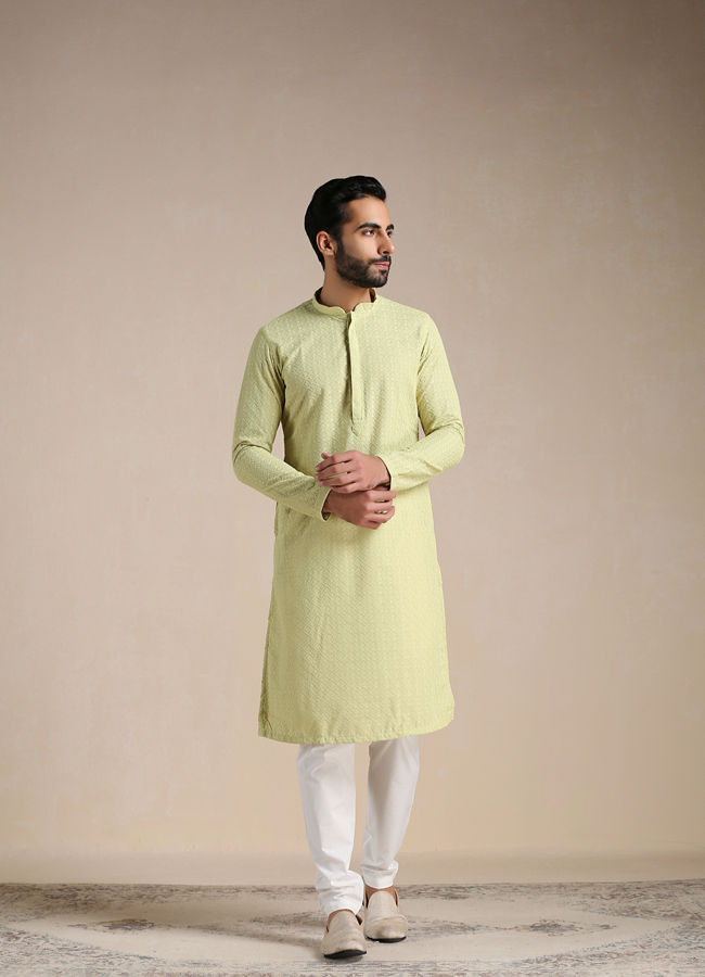 alt message - Manyavar Men Lime Green Chikankari Kurta Set image number 1