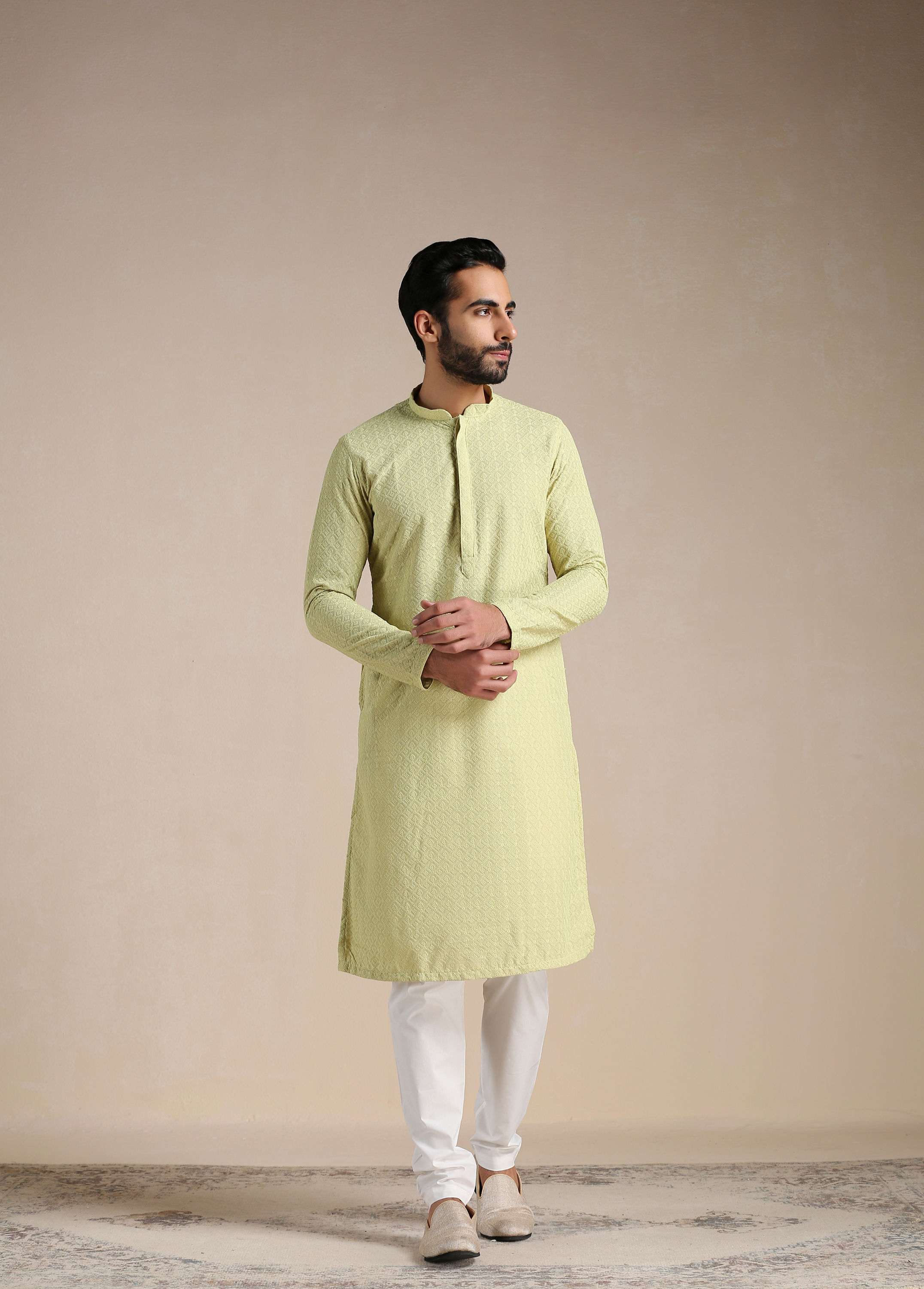 Manyavar Men Lime Green Chikankari Kurta Set