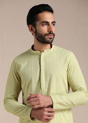 Manyavar Men Lime Green Chikankari Kurta Set image number 0