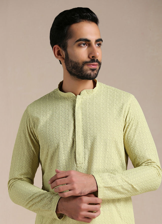 alt message - Manyavar Men Lime Green Chikankari Kurta Set image number 0