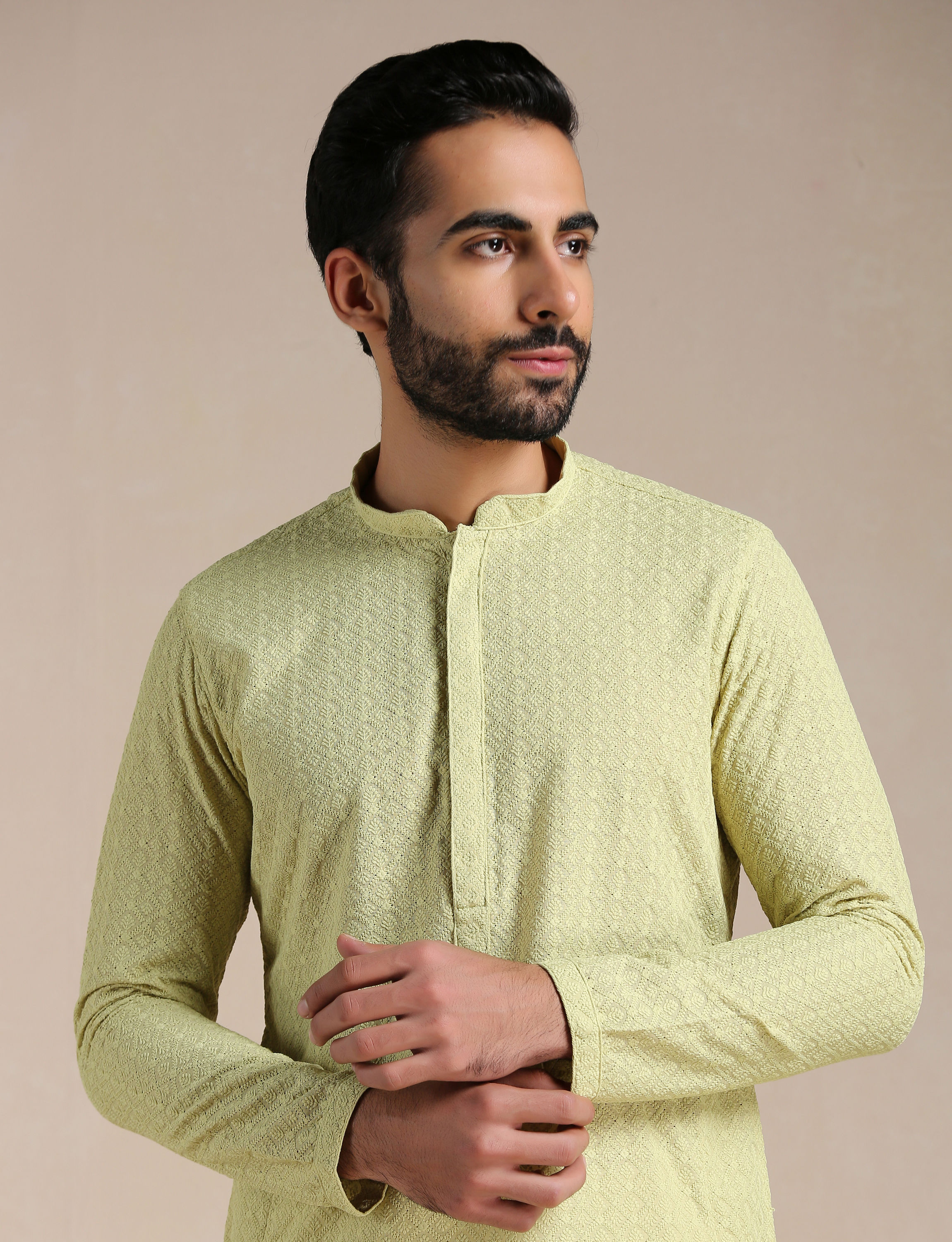 Manyavar Men Lime Green Chikankari Kurta Set