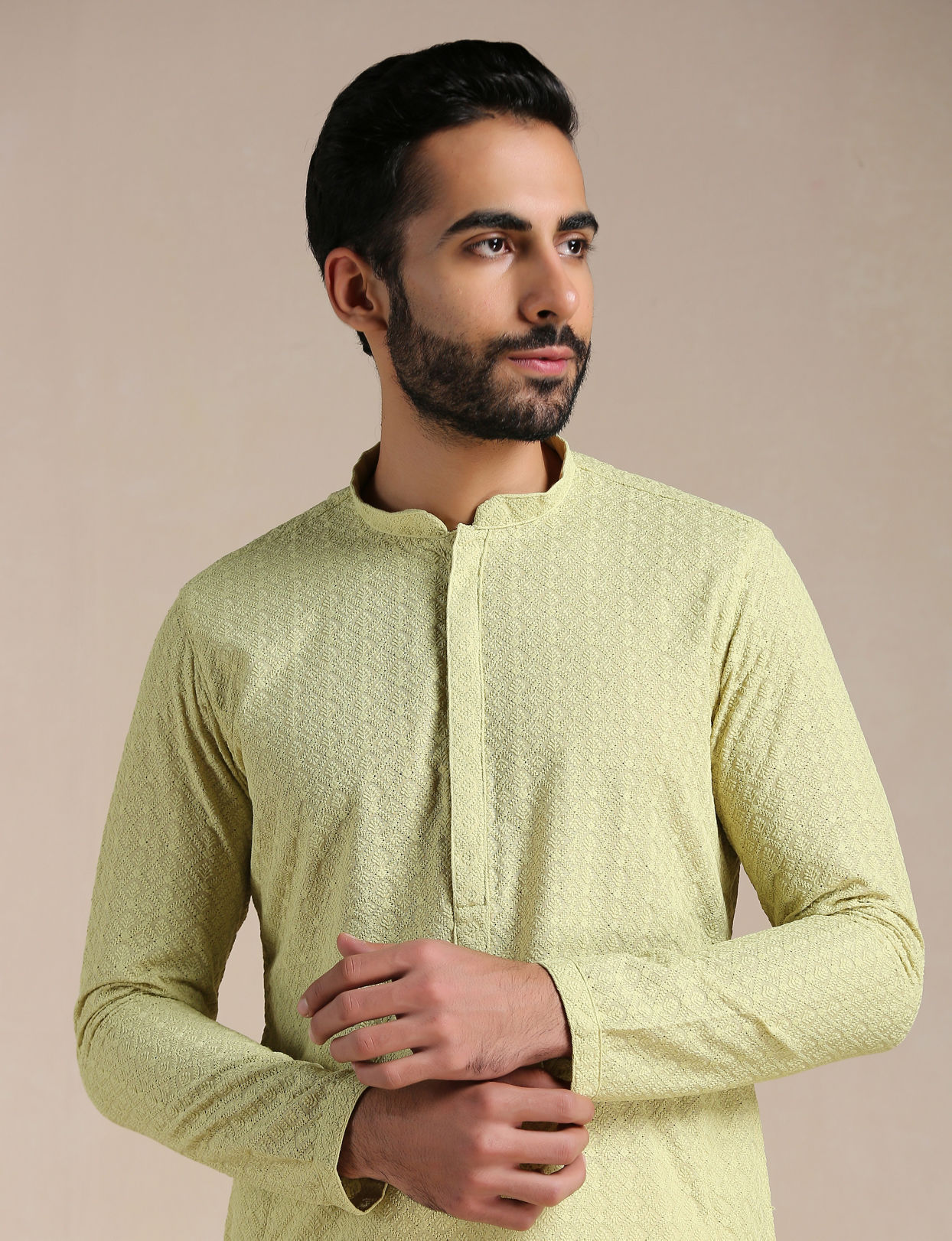 alt message - Manyavar Men Lime Green Chikankari Kurta Set image number 0