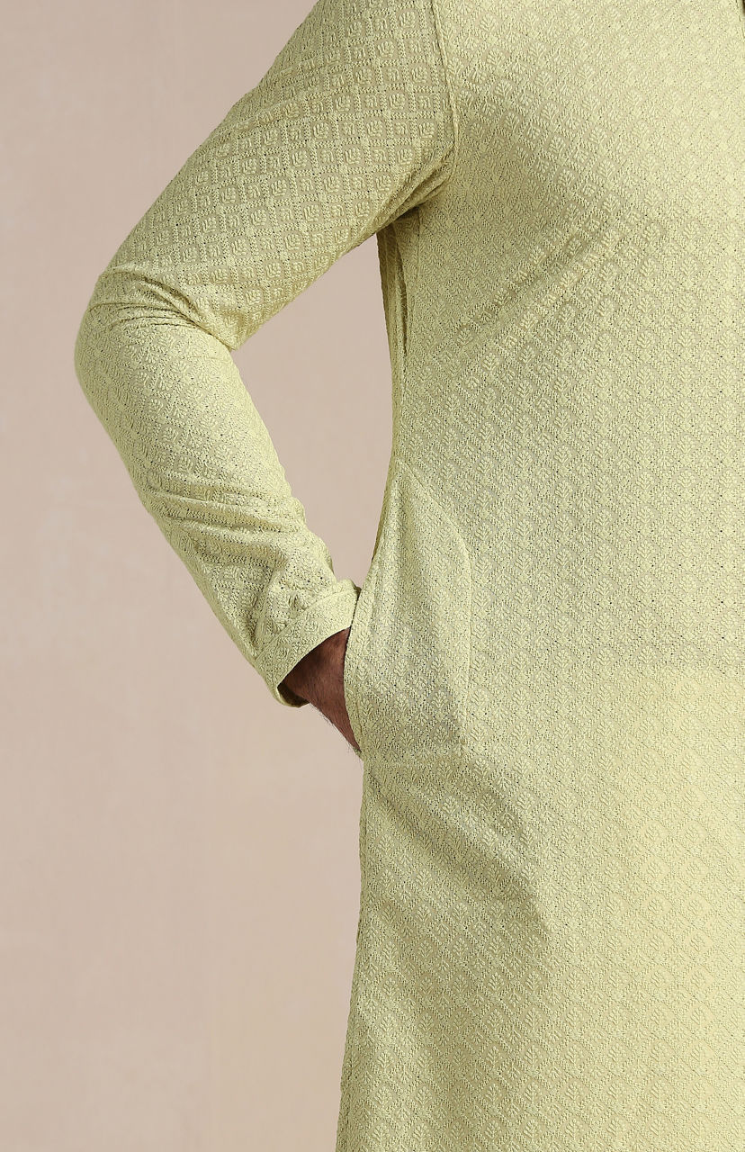 Manyavar Men Lime Green Chikankari Kurta Set