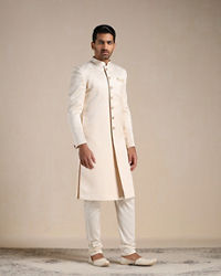 Manyavar Men Sugar Swizzle Beige Paisley Patterned Sherwani Set