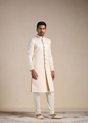 Manyavar Men Sugar Swizzle Beige Paisley Patterned Sherwani Set