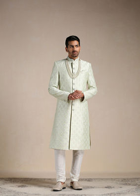 alt message - Manyavar Men Mint Green Floral Patterned Sherwani Set image number 0