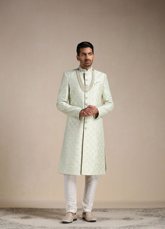 alt message - Manyavar Men Mint Green Floral Patterned Sherwani Set image number 0