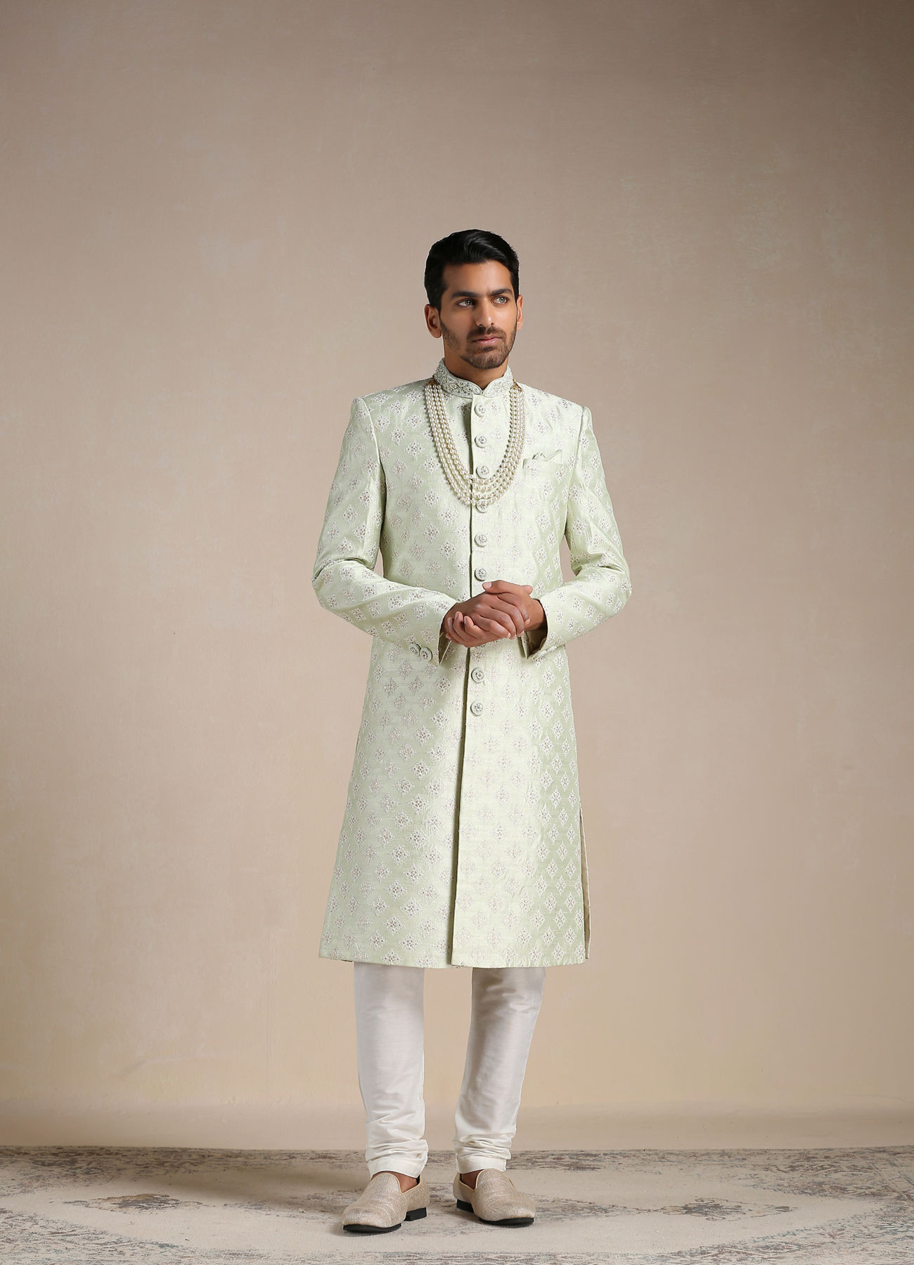 Manyavar Men Mint Green Floral Patterned Sherwani Set