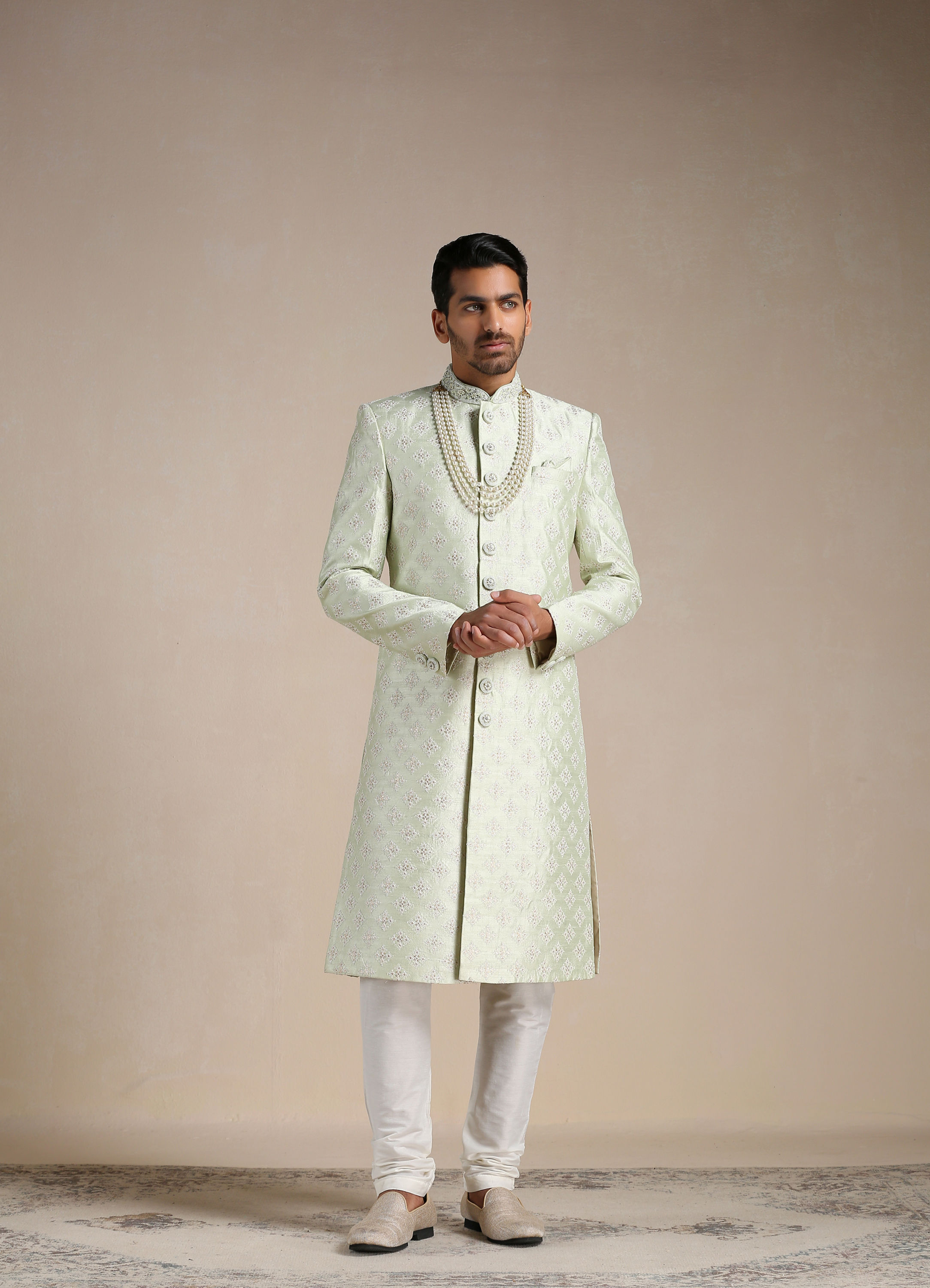 Manyavar Men Mint Green Floral Patterned Sherwani Set