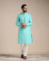 Manyavar Men Turquoise Green Mandarin Collared Kurta Set