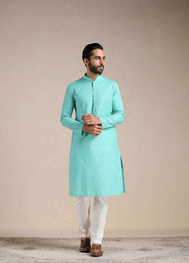 alt message - Manyavar Men Turquoise Green Mandarin Collared Kurta Set image number 1