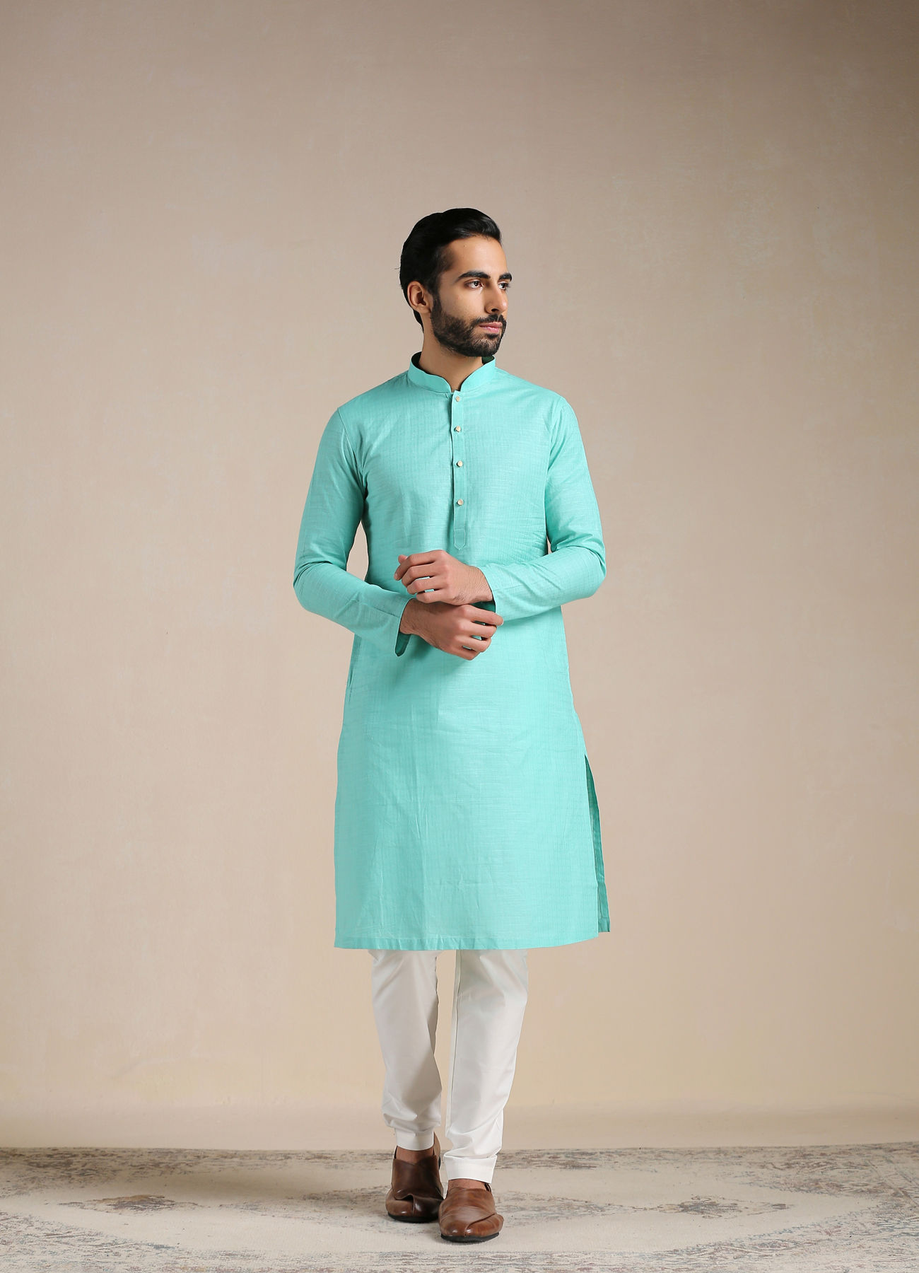 Manyavar Men Turquoise Green Mandarin Collared Kurta Set