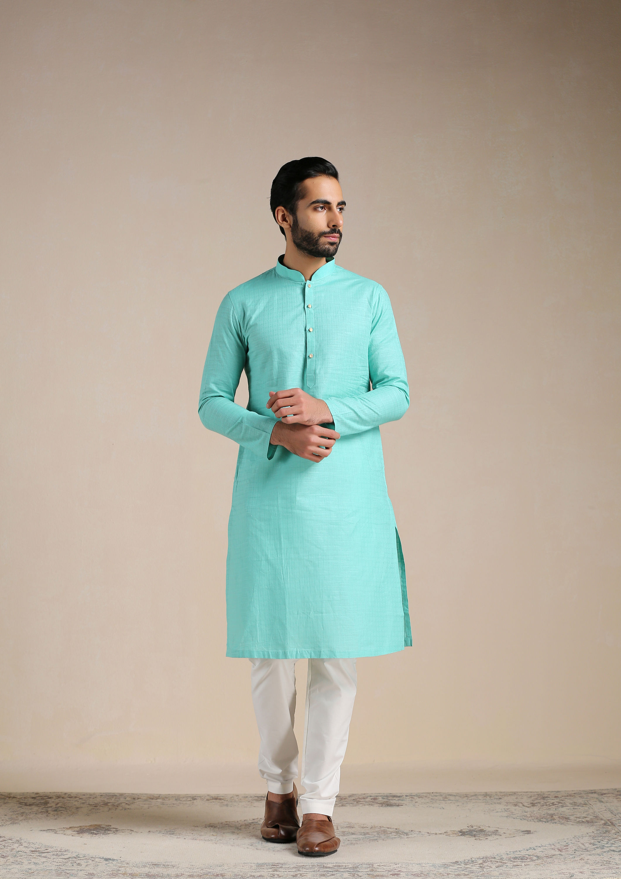 Manyavar Men Turquoise Green Mandarin Collared Kurta Set