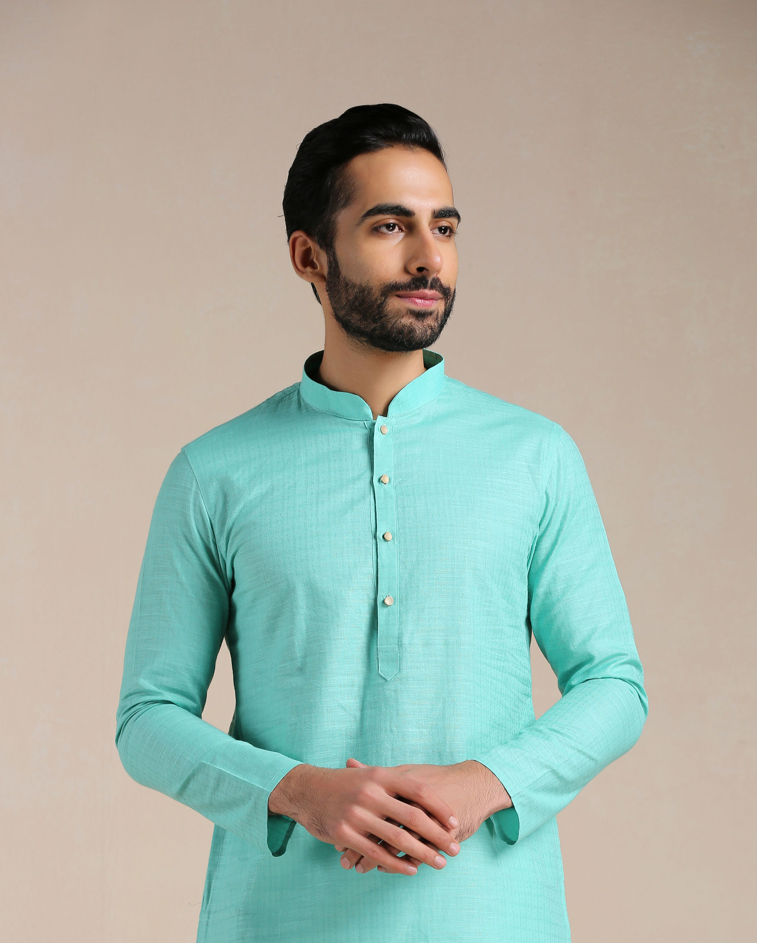 Manyavar Men Turquoise Green Mandarin Collared Kurta Set