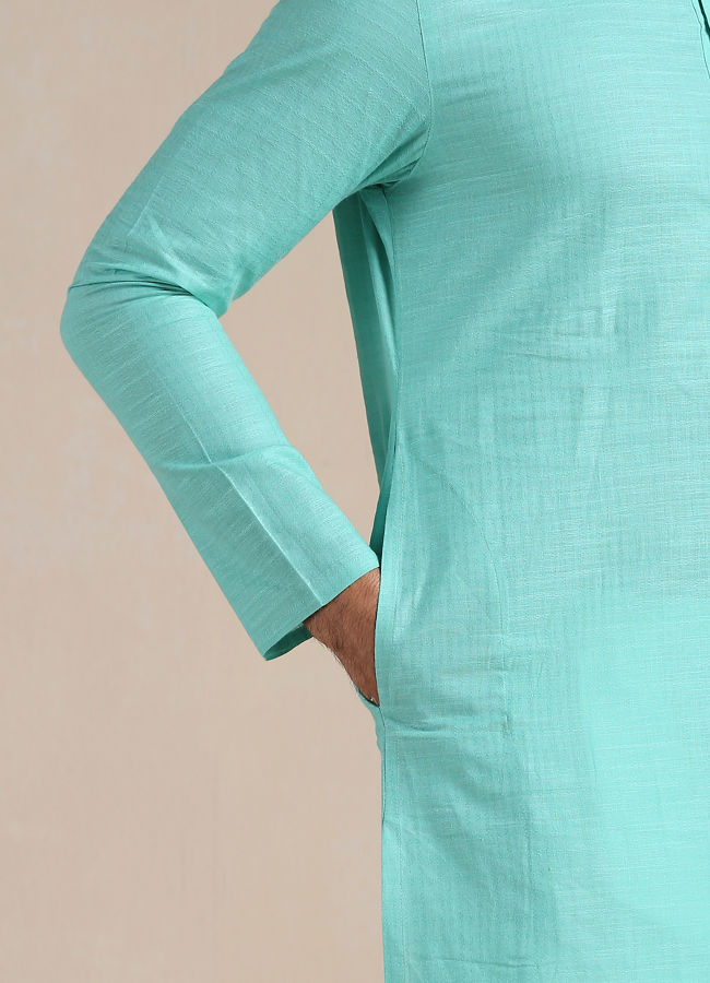 Manyavar Men Turquoise Green Mandarin Collared Kurta Set