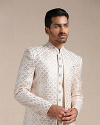 Manyavar Men Cream Geometric Patterned Achkan Style Sherwani Set