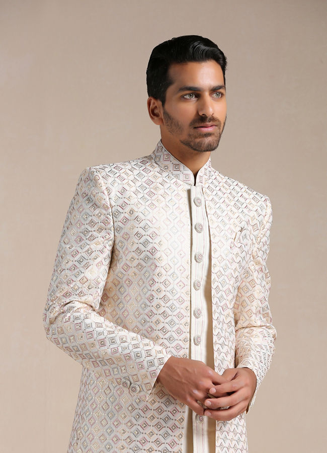 Manyavar Men Cream Geometric Patterned Achkan Style Open Sherwani Set
