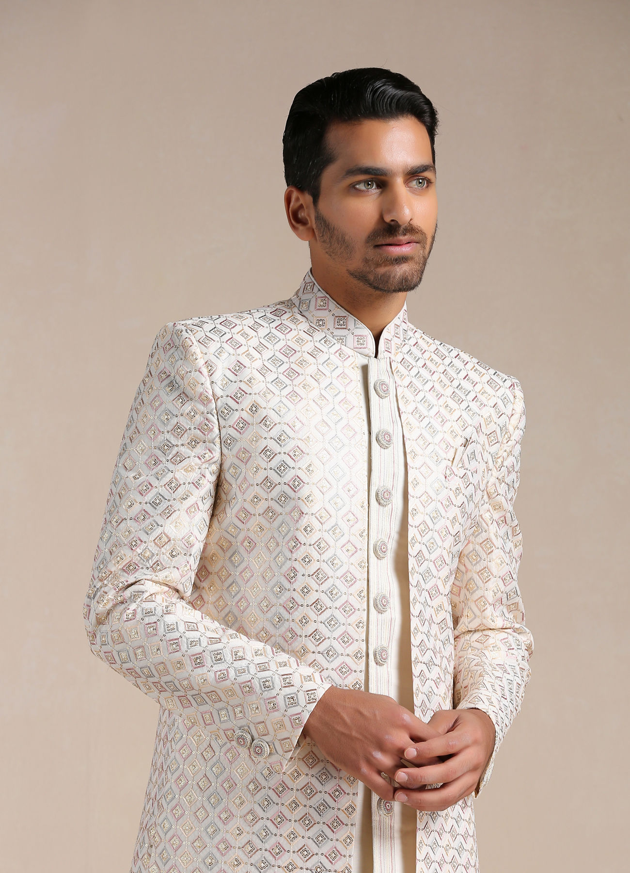 Manyavar Men Cream Geometric Patterned Achkan Style Sherwani Set