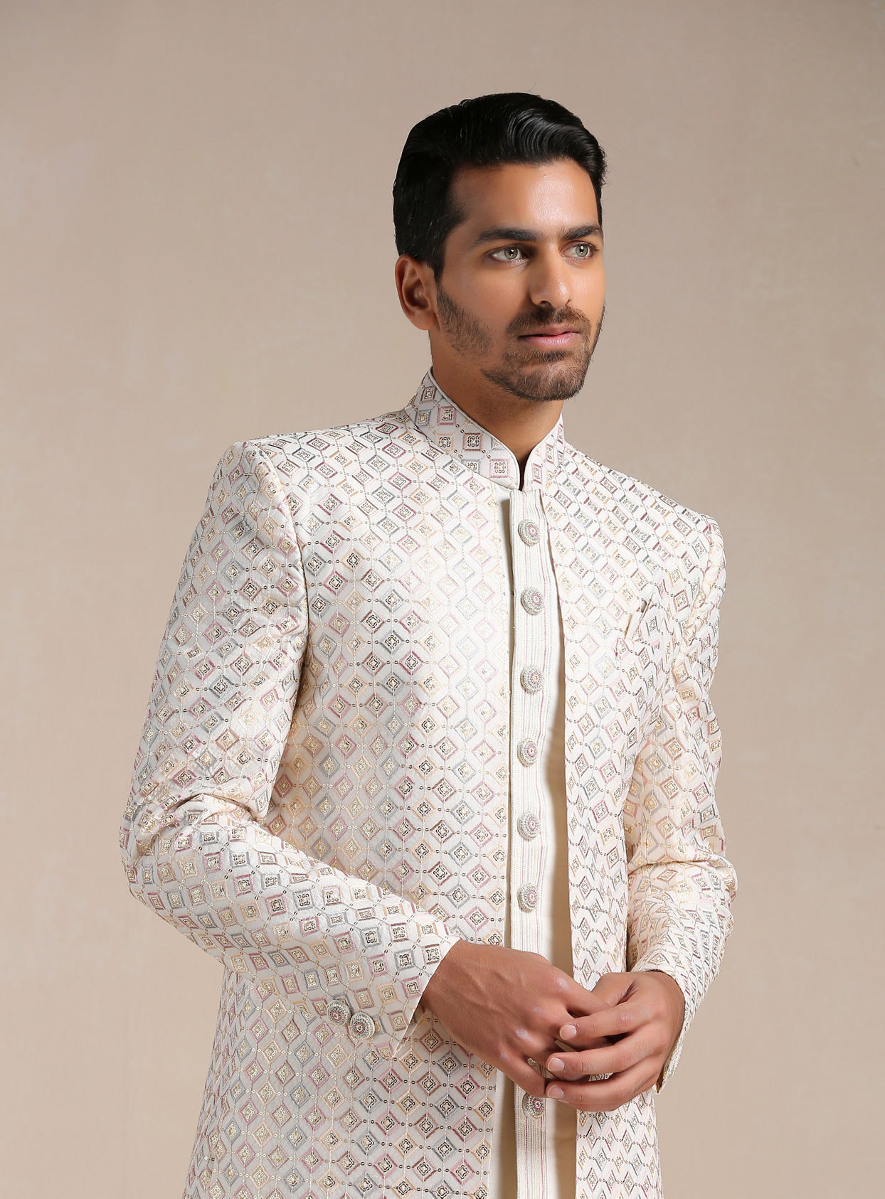 Manyavar Men Cream Geometric Patterned Achkan Style Open Sherwani Set