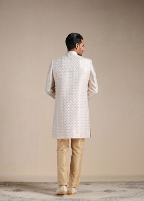 alt message - Manyavar Men Cream Geometric Patterned Achkan Style Sherwani Set image number 2